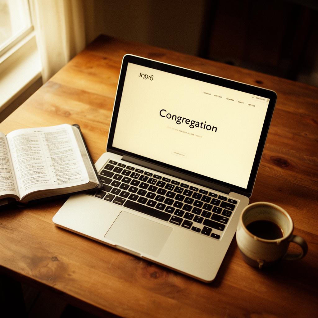 Laptop on a wooden table showing a simple congregation website