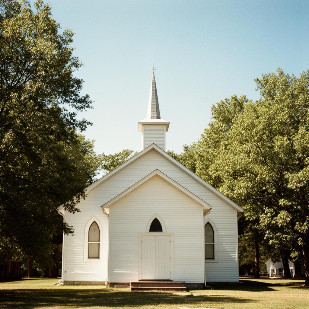 Sunny exterior of a white-clapboard congregation building with steeple